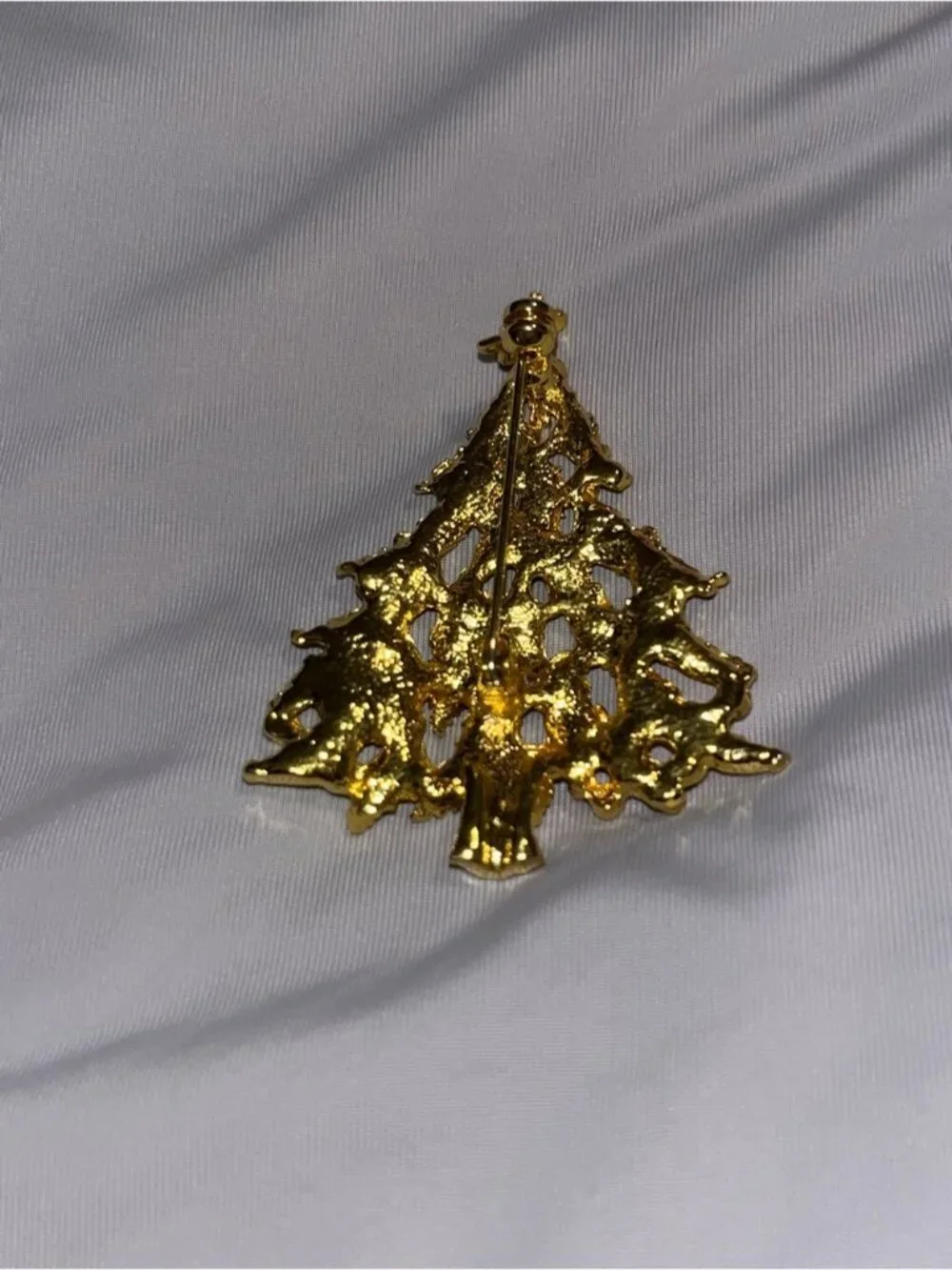 Vintage Gold-Tone Christmas Tree Brooch with Red & Black Accents